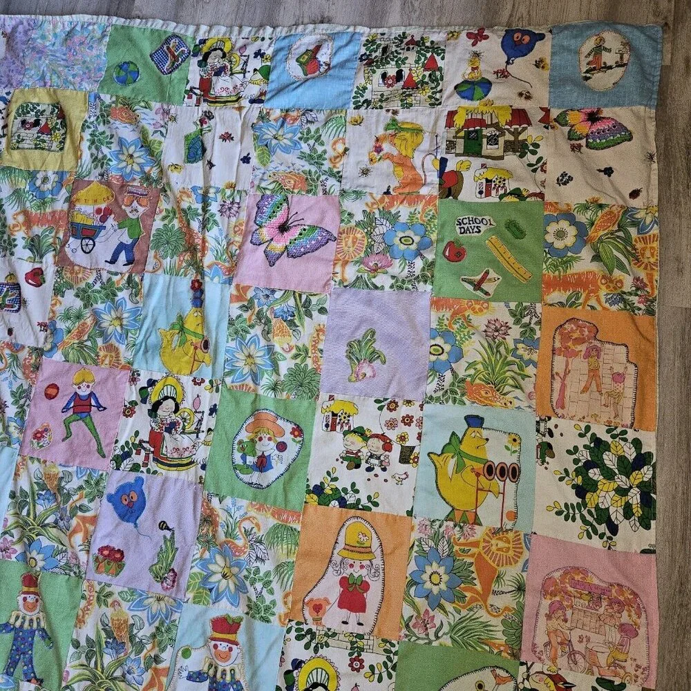 Vtg Handmade Blanket Boho Quilt Colorful Coverlet 62x83 70s 80s Fairy Tales